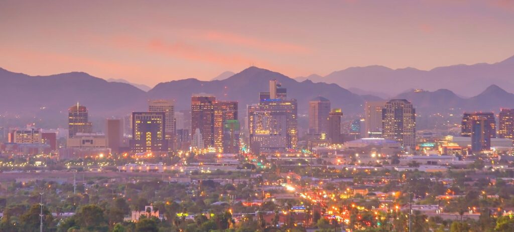 Phoenix city downtown skyline cityscape of Arizona in USA at sunset