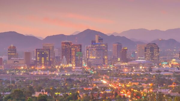 Phoenix city downtown skyline cityscape of Arizona in USA at sunset