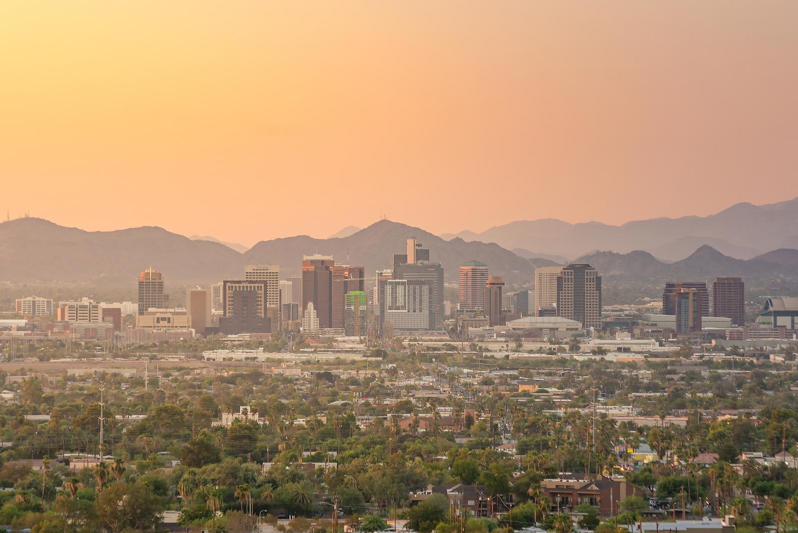 Top view of downtown Phoenix Arizona at sunset in USA